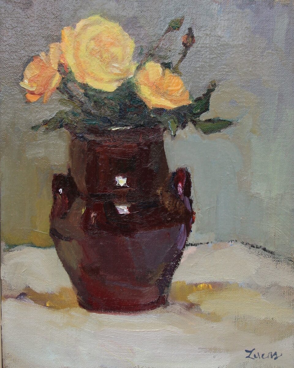 Glazed Pot Filled with Roses